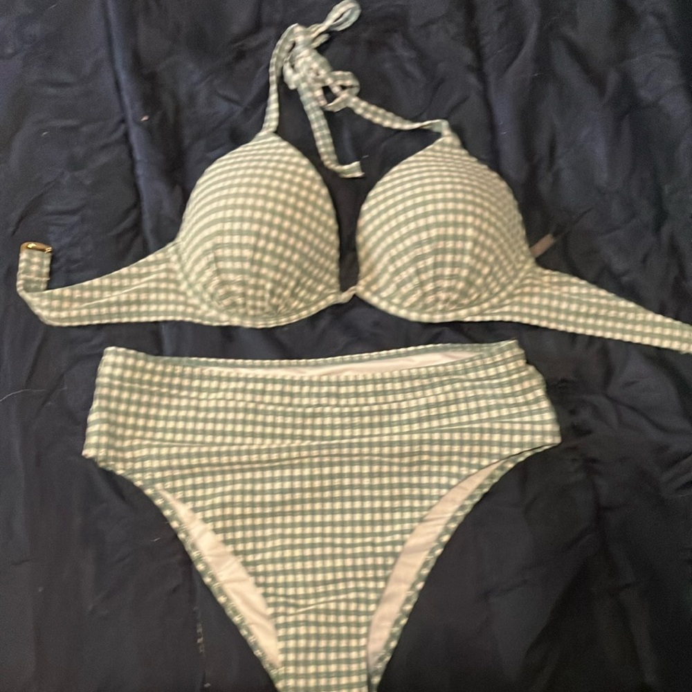 Green and White Bikini Set with Classic Design